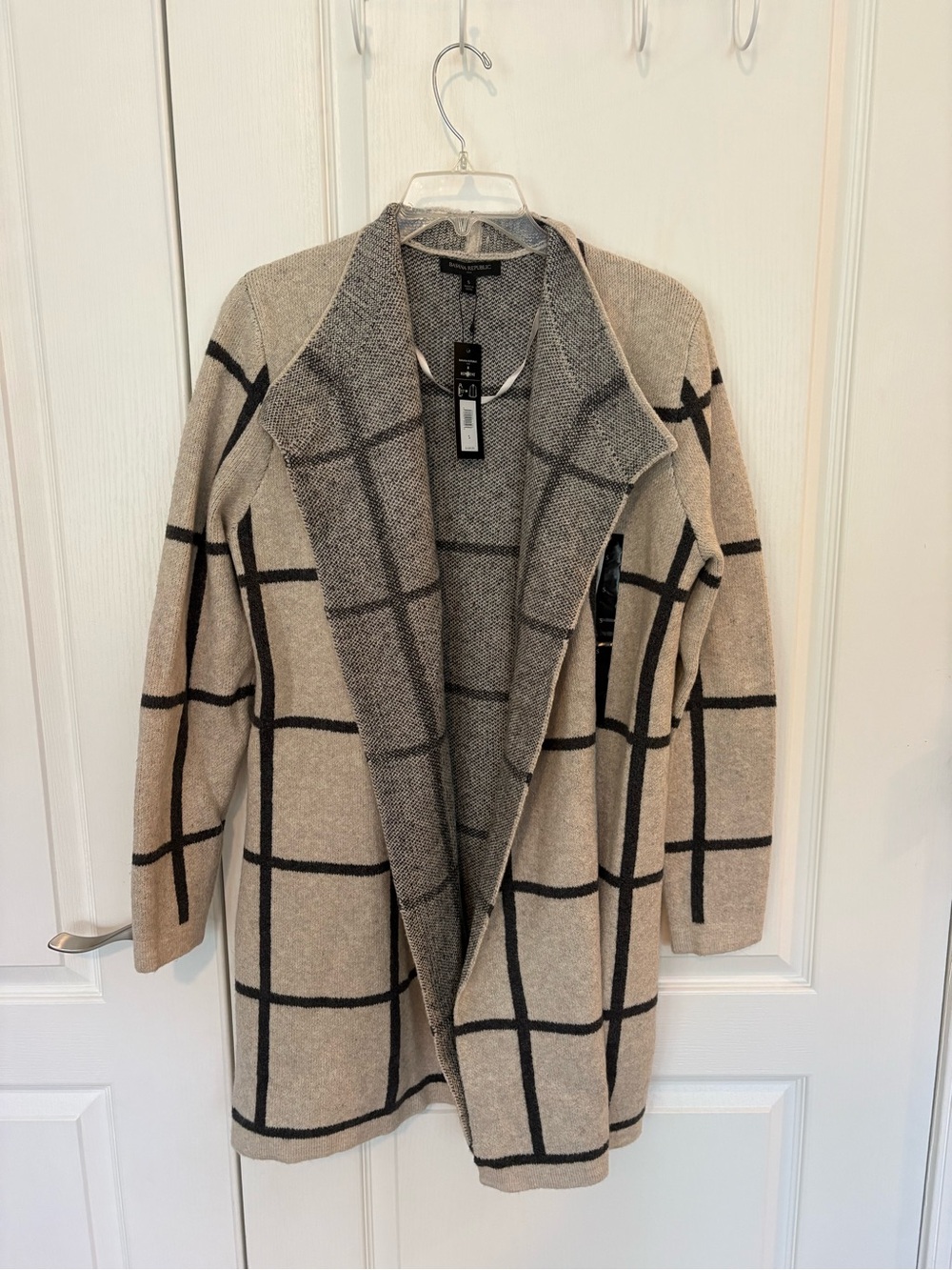 Banana Republic Beige and Black Windowpane Open-Front Cardigan